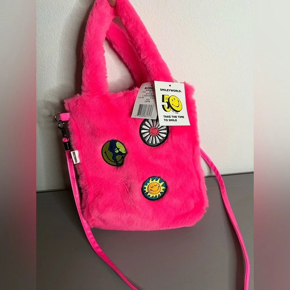 Young Adult SMILEY Small Sherpa Tote Bag Crossbody Neon Smiley Face Y2K Hot Pink - Picture 1 of 16